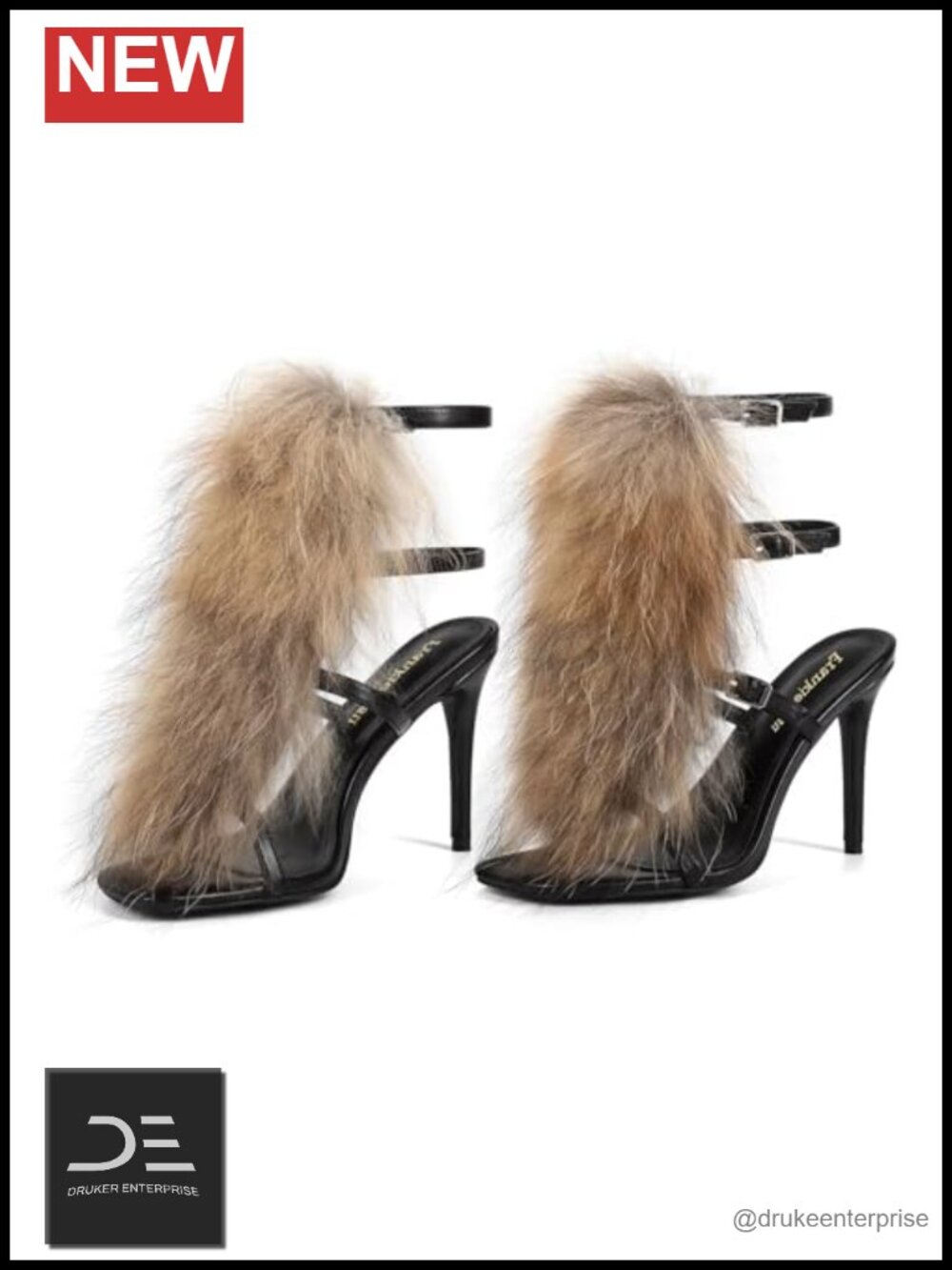 Genuine Fox Fur Stiletto High Heeled Sandals Open Toe Gladiator Furry Fluffy